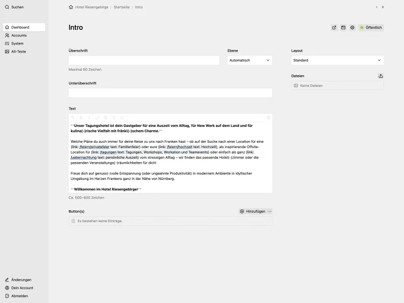 Screenshot of the Kirby Panel showing an "Intro" module on the "Startseite"/"Home" page with fields for headline, subheadline, text and buttons. In the sidebar there's a layout field and a files section.