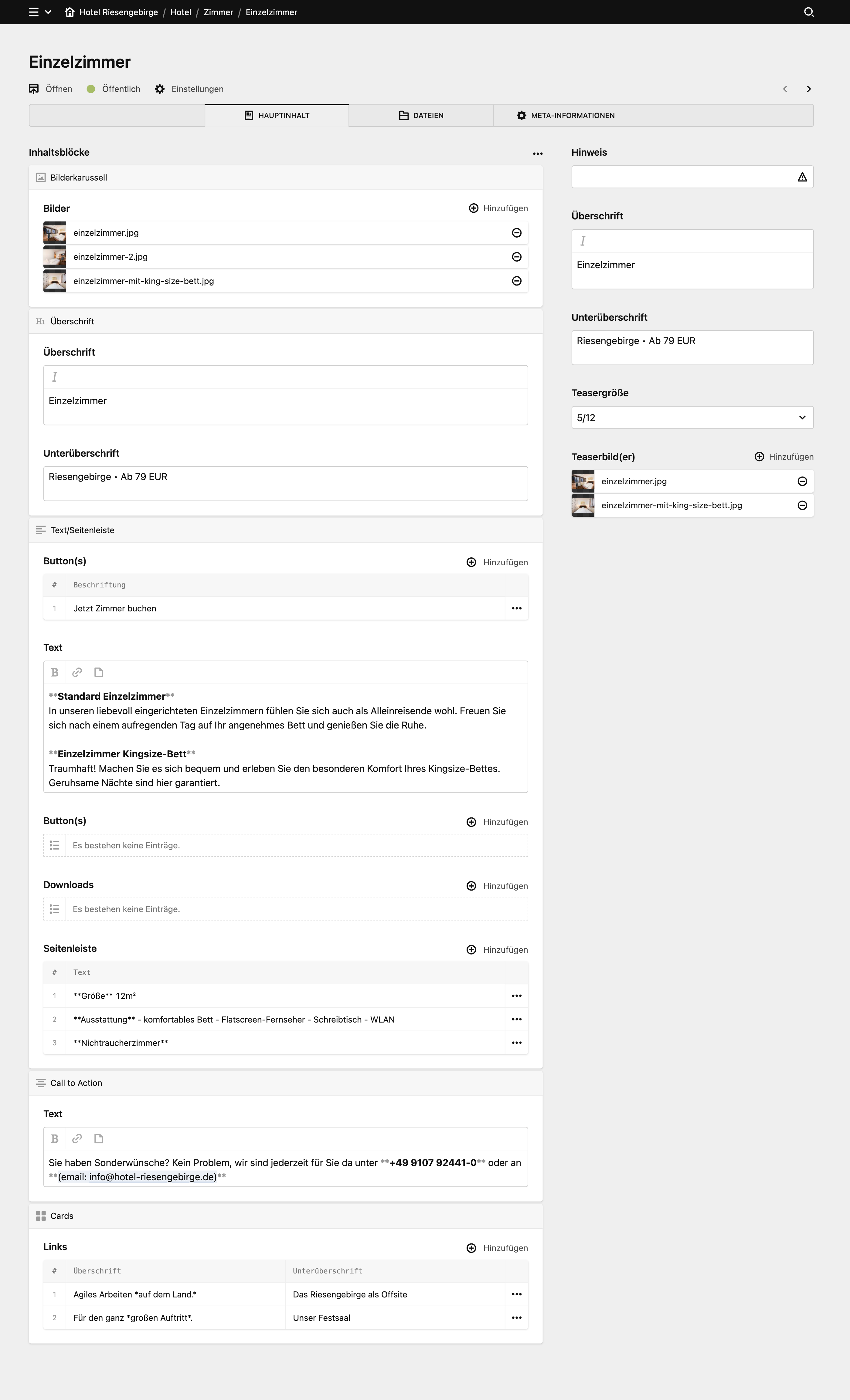 Backend screenshot of hotel-riesengebirge.de