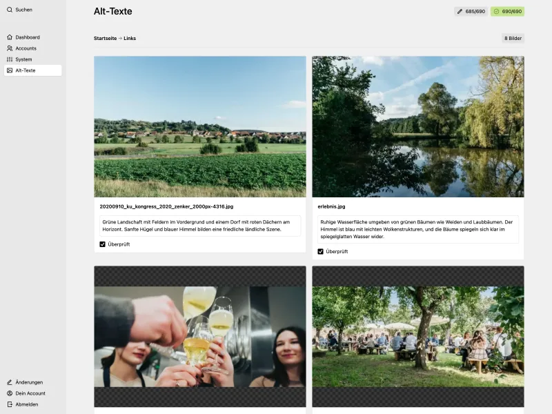 Screenshot of the Kirby Panel showing a view with the headline "Alt-Texte"/"Alt texts" and multiple fields with alt text fields and a checkbox labelled "Überprüft"/"Reviewed".