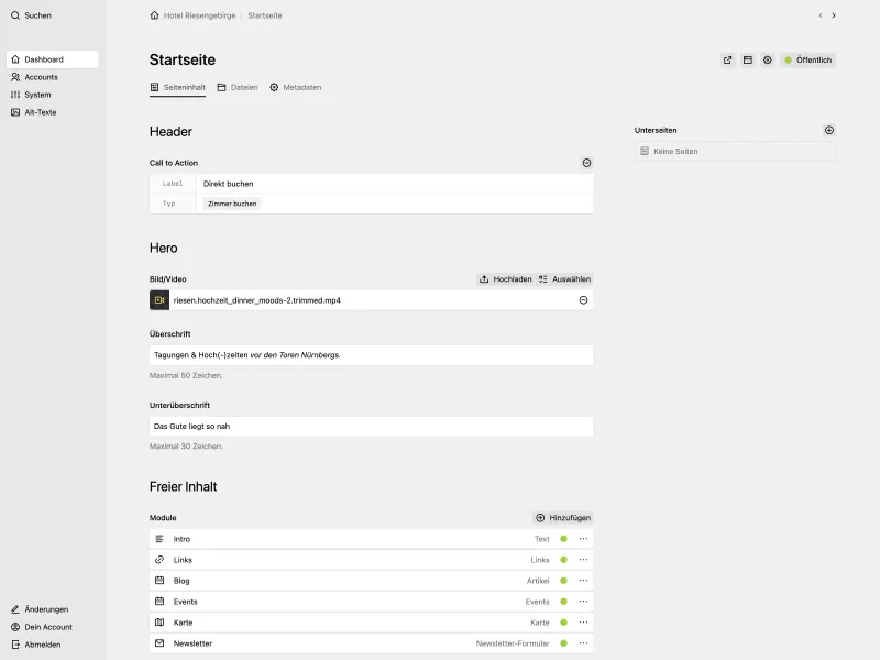 Screenshot of the Kirby Panel showing the "Startseite"/"Home" page with sections for the header, hero and content modules.