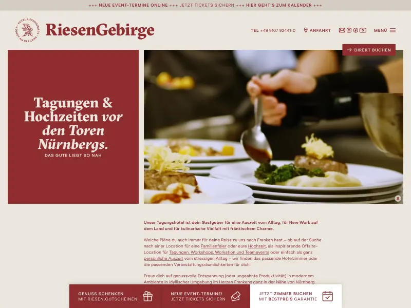 Screenshot of the Hotel Riesengebirge homepage, showing a beige background with red text and a hero section saying "Tagungen & Hochzeiten vor den Toren Nürnbergs. Das Gute liegt so nah".