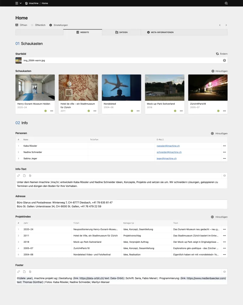 Backend screenshot of imachine.ch