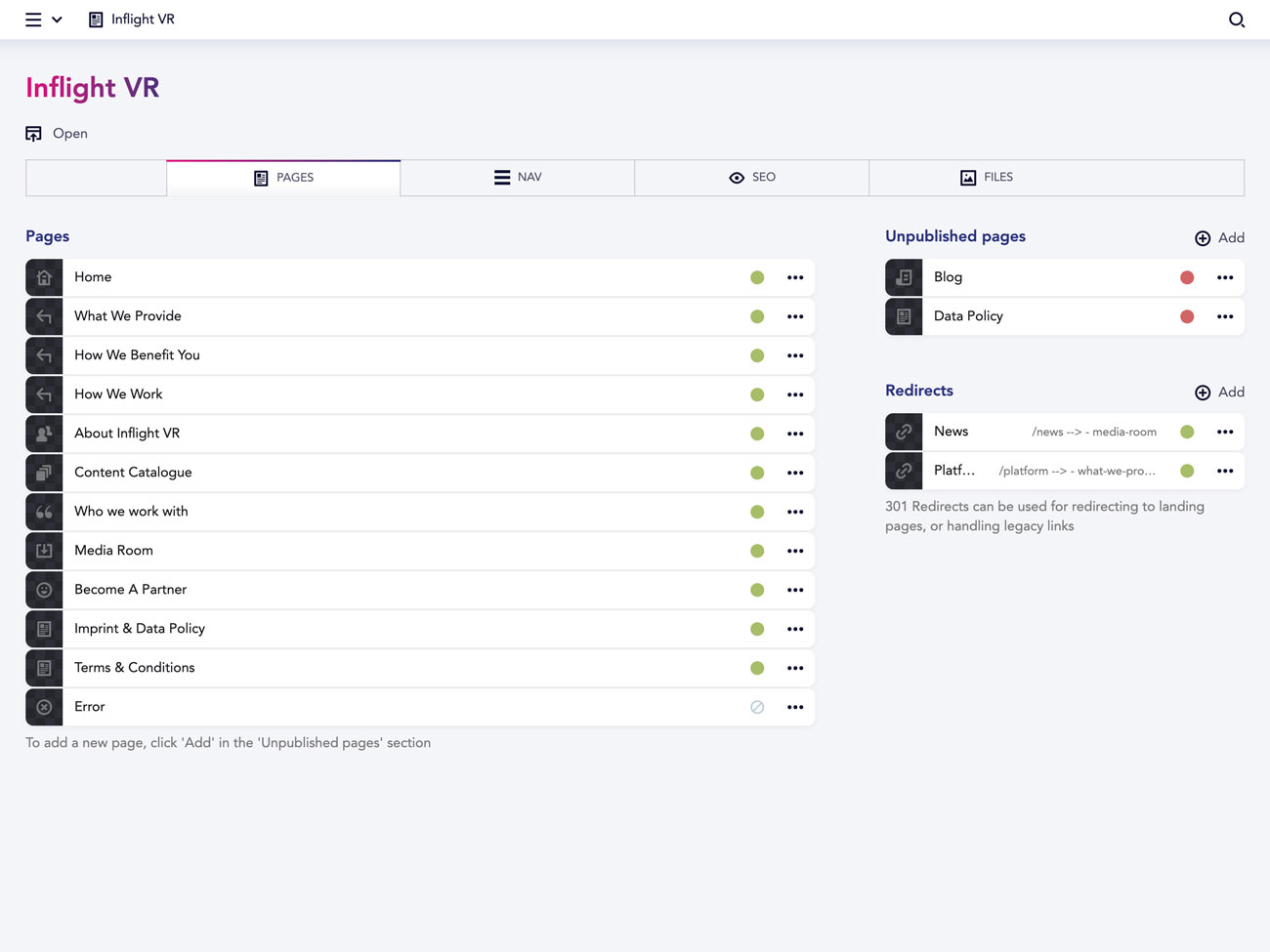 Backend screenshot of inflight-vr.com