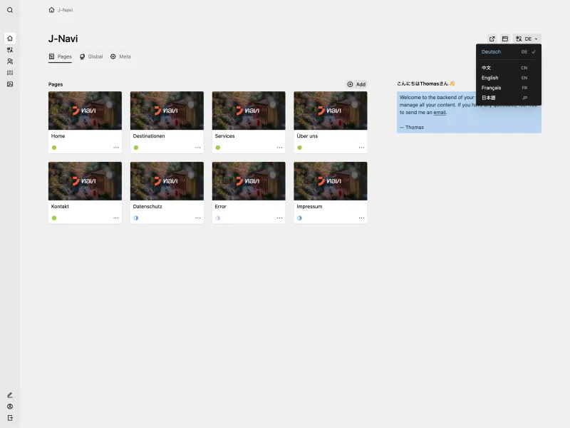 Screenshot of the Kirby dashboard with a pages section and an info field, welcoming the logged-in user.