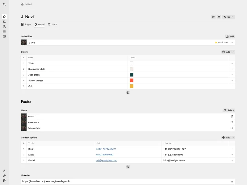 The global tab in the Kirby dashboard, showing fields for site-wide content like available colours for blocks, footer menu items, contact options and social media links.