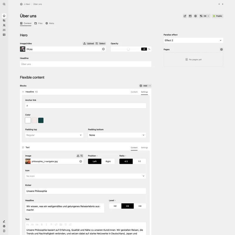 The "Über uns" page in the Kirby Panel, showing editable fields for the hero section and a blocks field with content and settings tabs for each block.