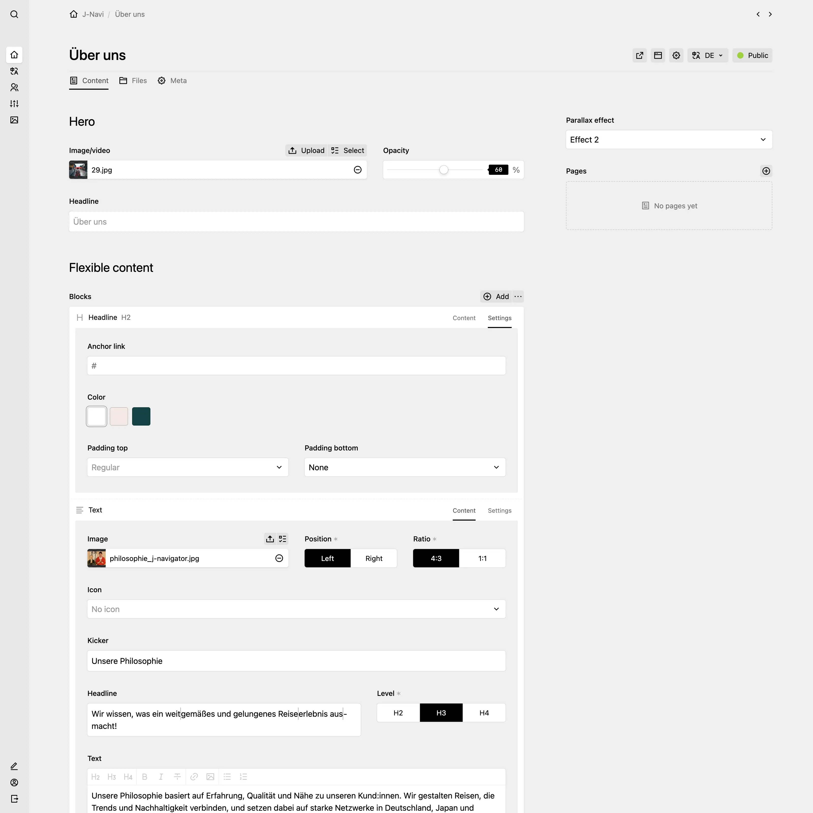 The "Über uns" page in the Kirby Panel, showing editable fields for the hero section and a blocks field with content and settings tabs for each block.