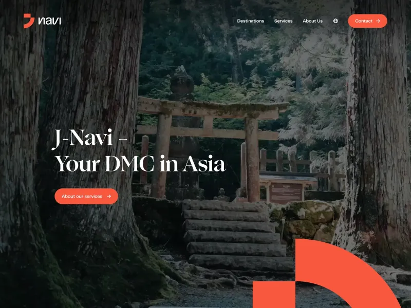 Screenshot of the J-Navi homepage, showing a hero section with the text "J-Navi Your DMC in Asia" and a background image of a Japanese Torii gate in a forest.