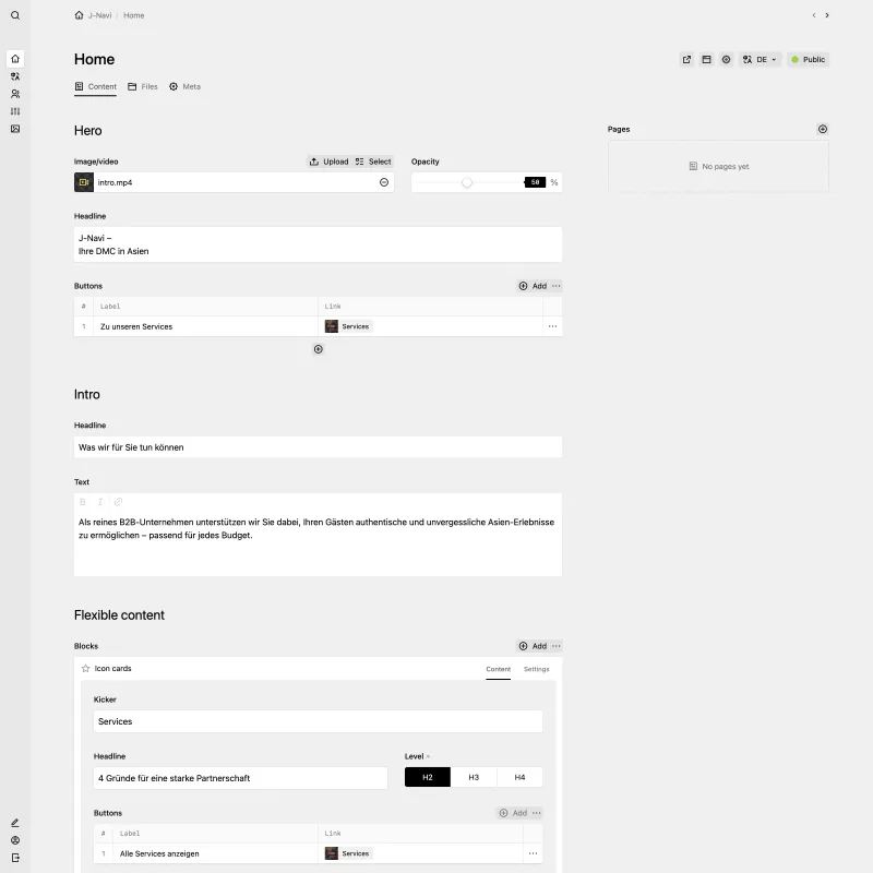 The home page in the Kirby Panel, showing editable fields for the hero section, an intro, and a blocks field.