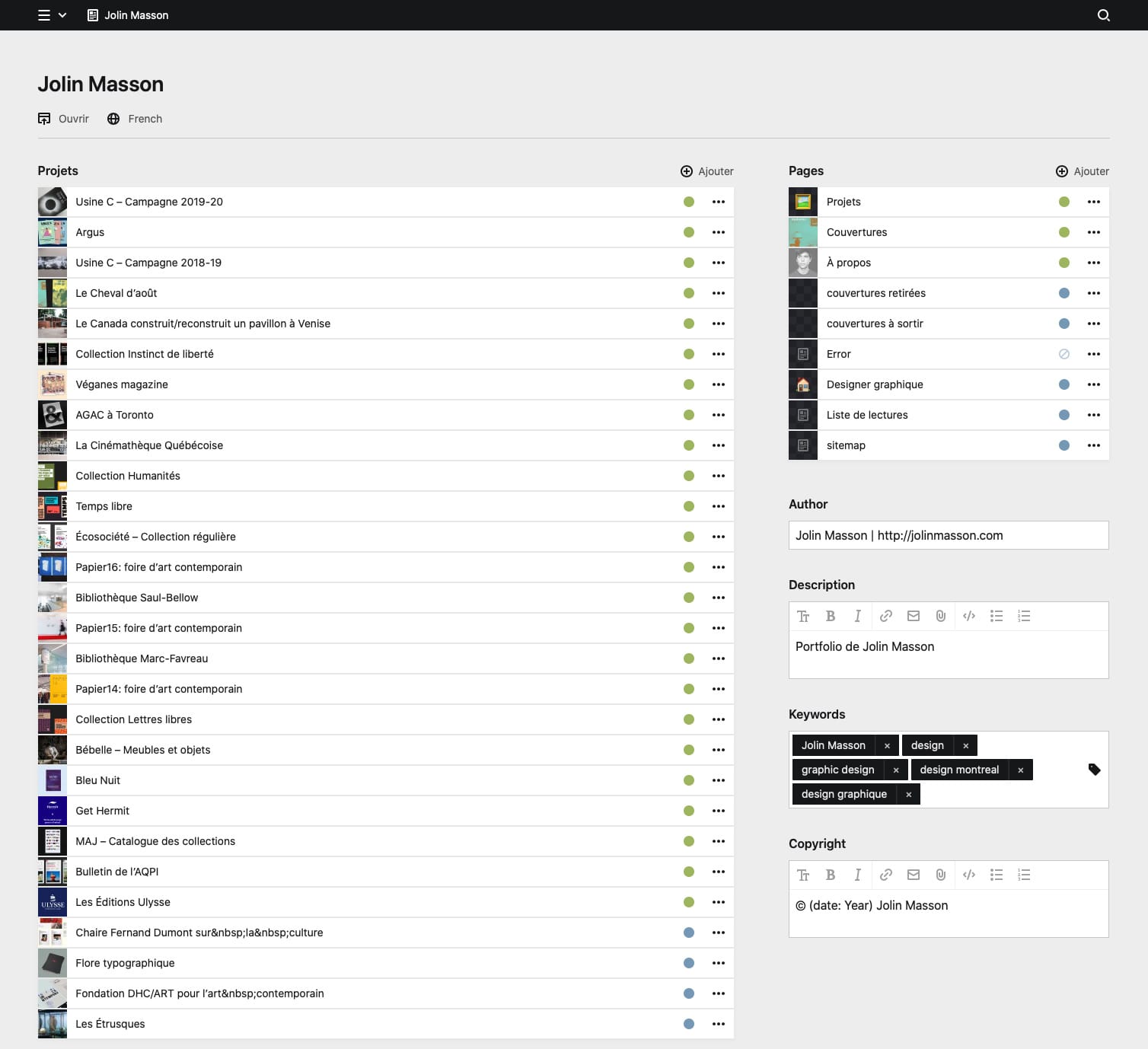 Backend screenshot of jolinmasson.com