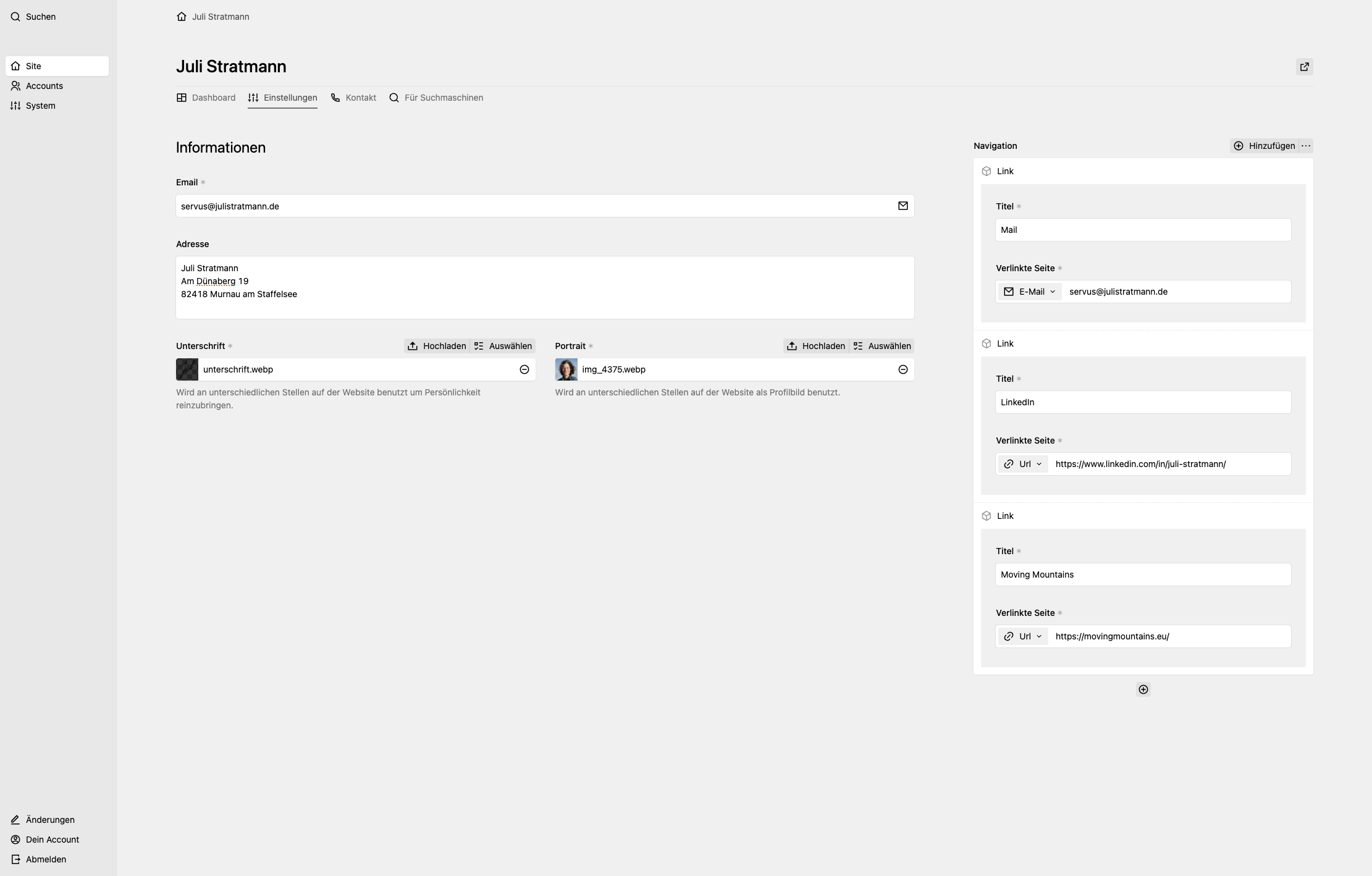 Backend screenshot of julistratmann.de