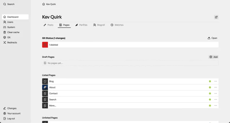 Backend screenshot of kevquirk.com