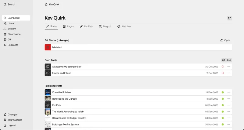 Backend screenshot of kevquirk.com