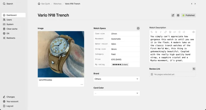 Backend screenshot of kevquirk.com