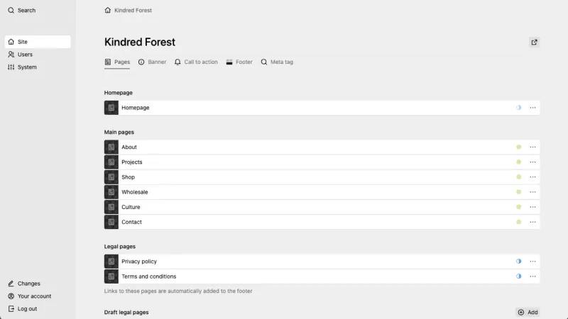 Backend screenshot of kindredforest.co.uk