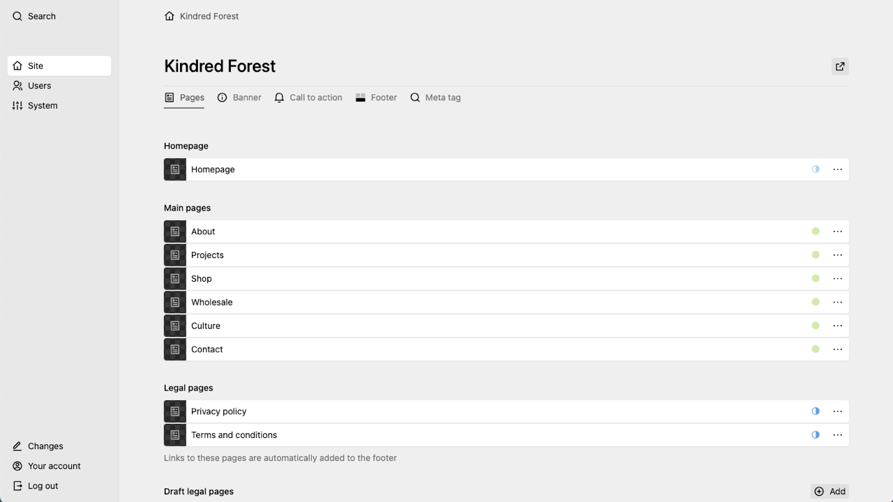 Backend screenshot of kindredforest.co.uk