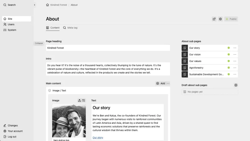 Backend screenshot of kindredforest.co.uk