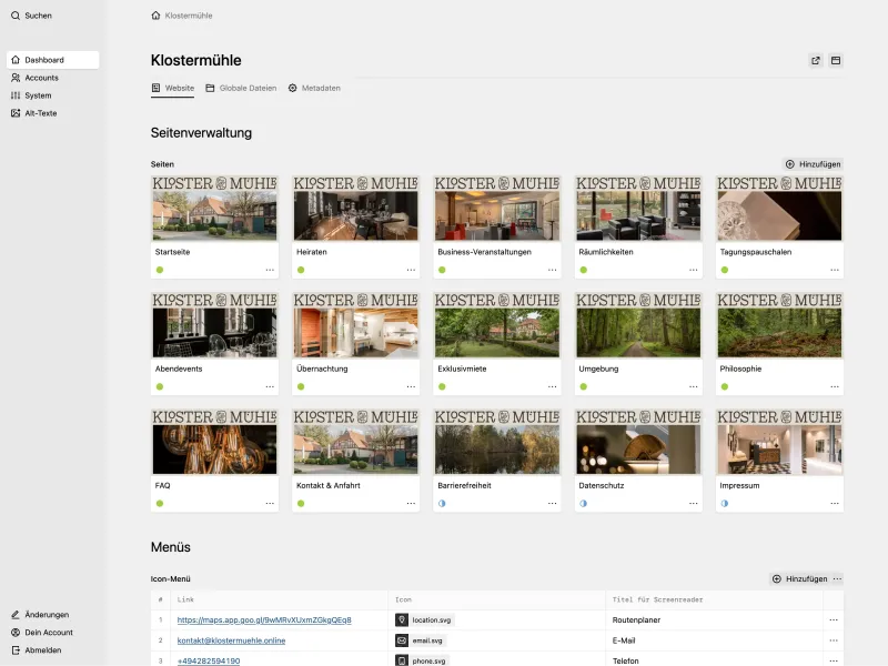 Panel dashboard for "Klosterm&uuml;hle" listing all site pages as cards with og images, plus a structure field building the icon menu.