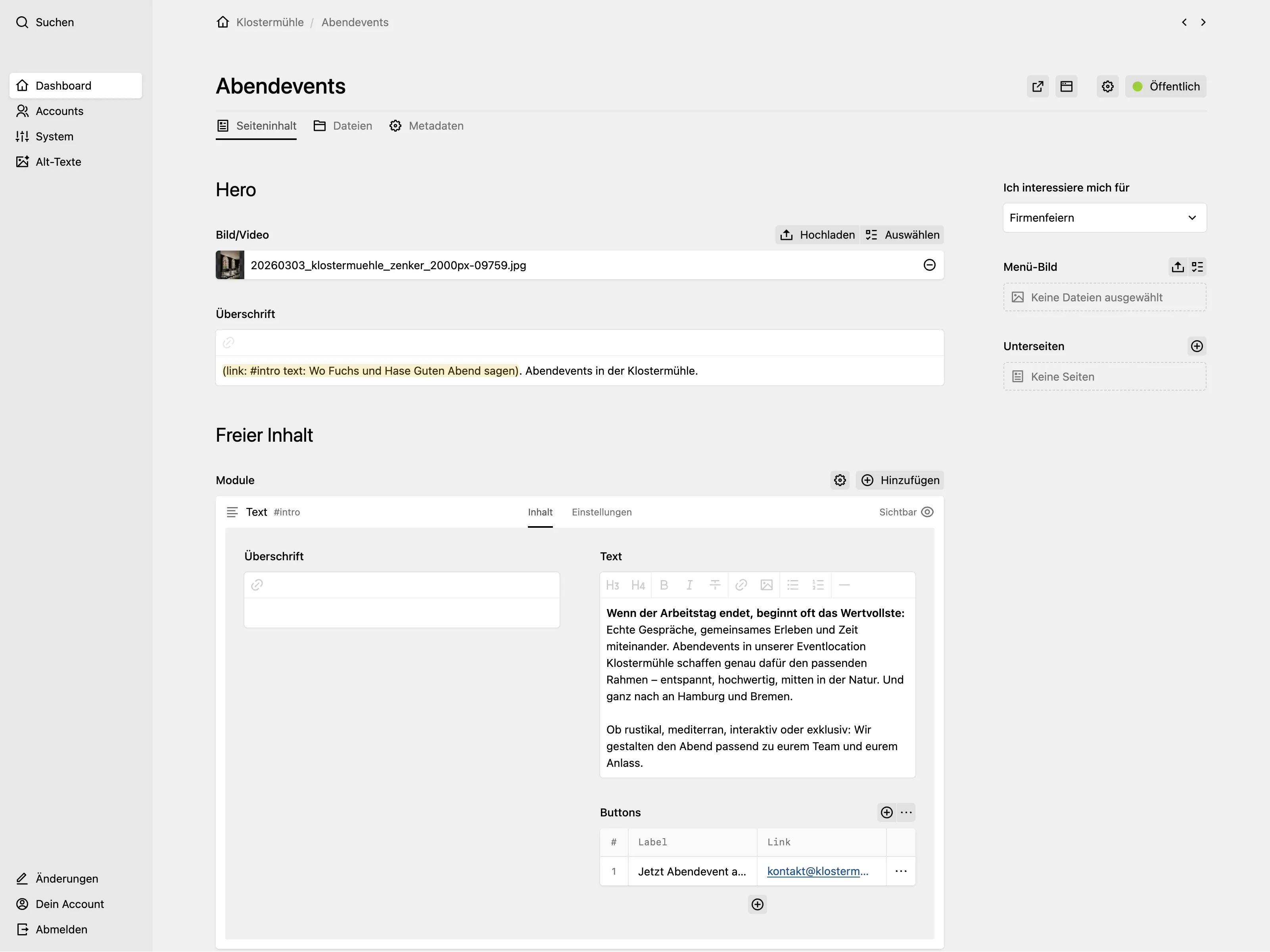 Panel page for "Abendevents" showing image and headline fields above a "Freier Inhalt"/"Free content" modules section containing a text module.
