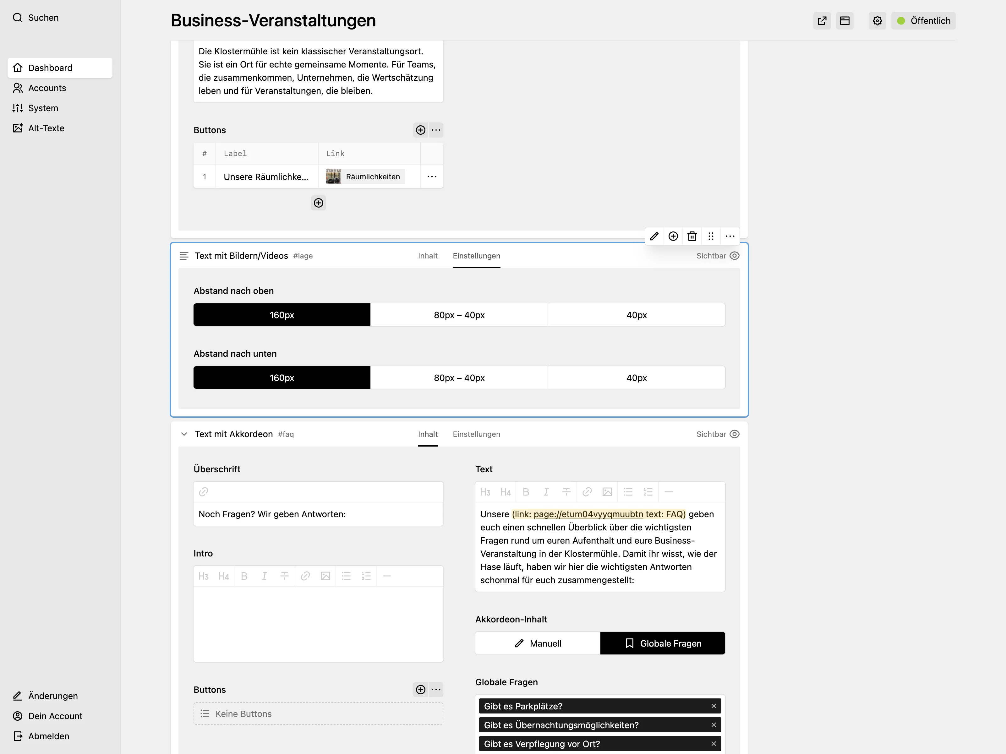 Panel page for "Business-Veranstaltungen" showing modules with a spacing settings tab and an accordion module sourcing global FAQ questions.
