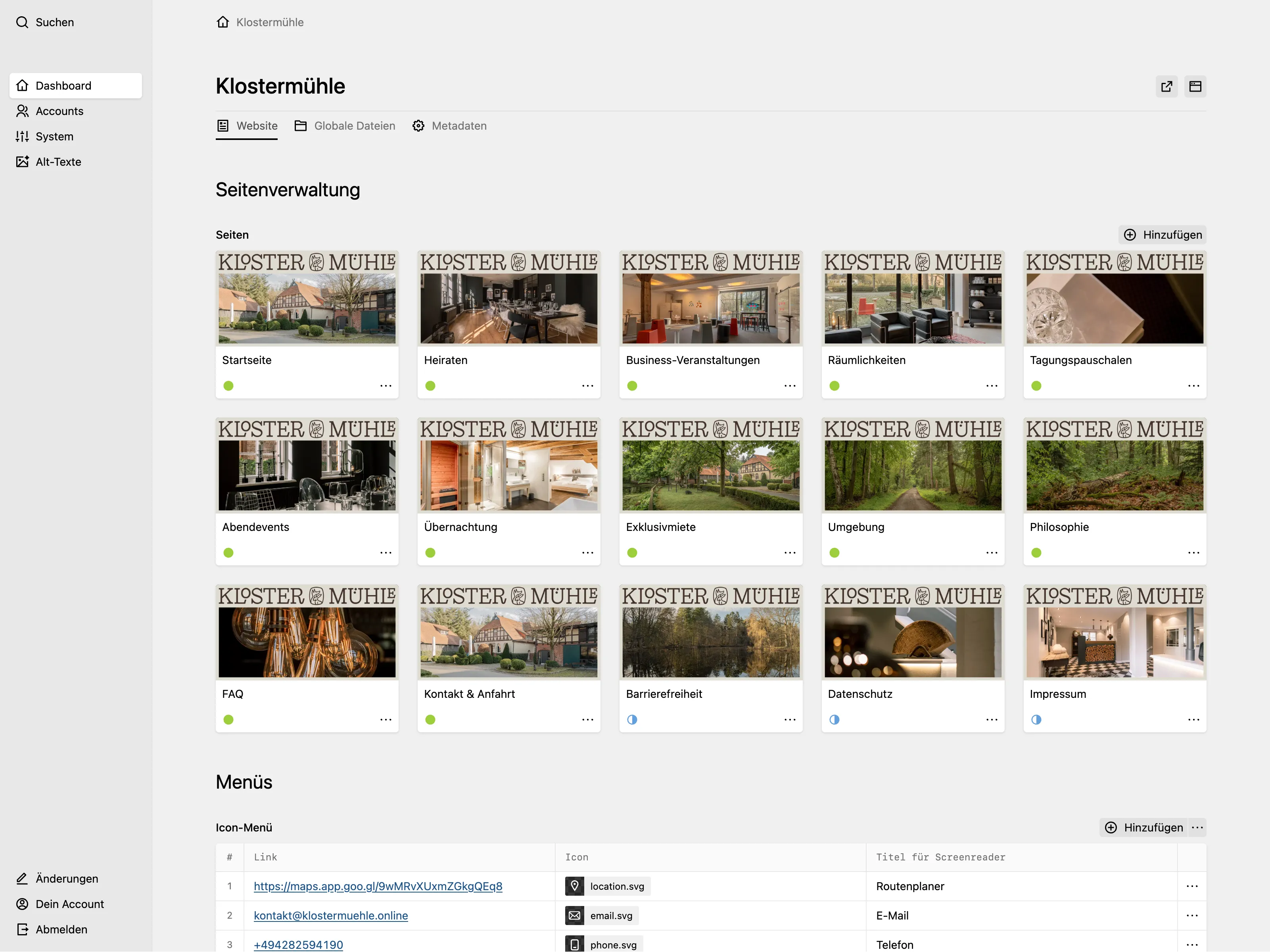 Panel dashboard for "Klosterm&uuml;hle" listing all site pages as cards with og images, plus a structure field building the icon menu.