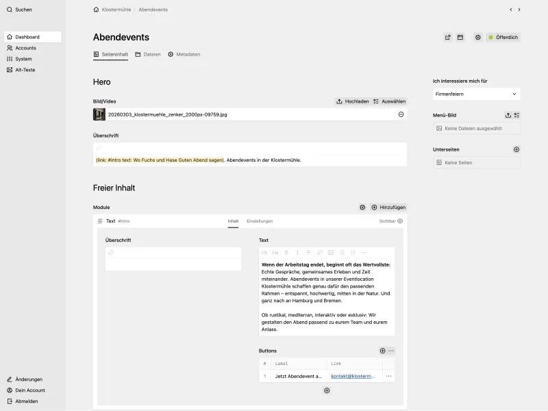 Panel page for "Abendevents" showing image and headline fields above a "Freier Inhalt"/"Free content" modules section containing a text module.