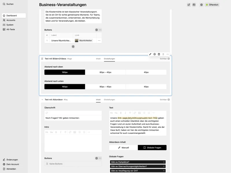 Panel page for "Business-Veranstaltungen" showing modules with a spacing settings tab and an accordion module sourcing global FAQ questions.