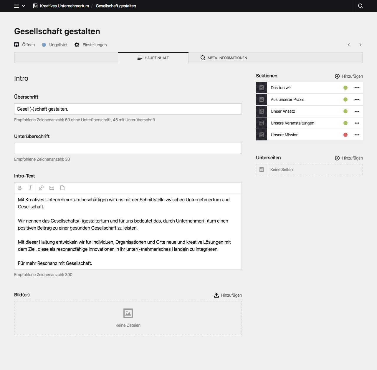 Backend screenshot of kreatives-unternehmertum.com