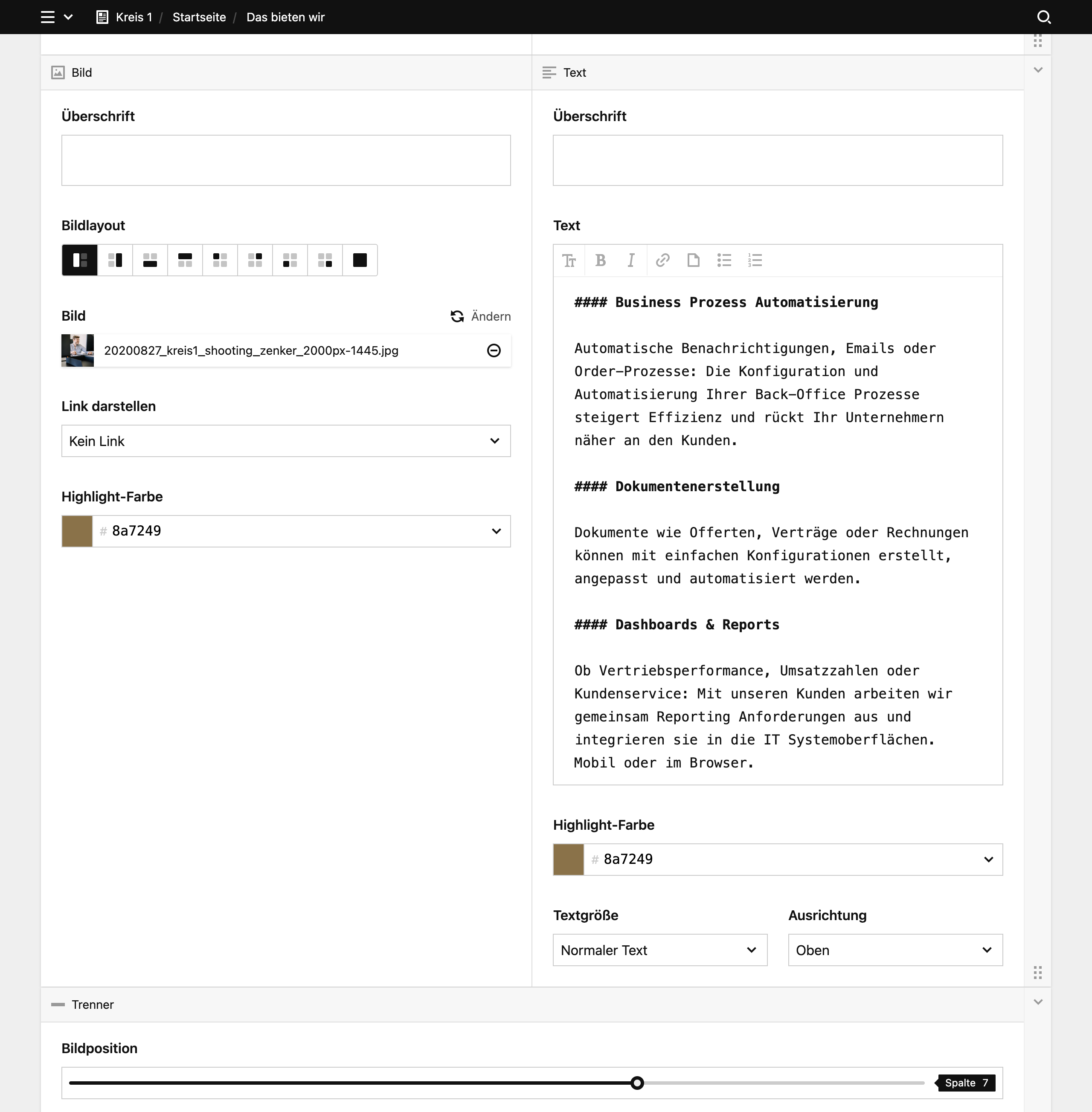 Backend screenshot of kreis1.com