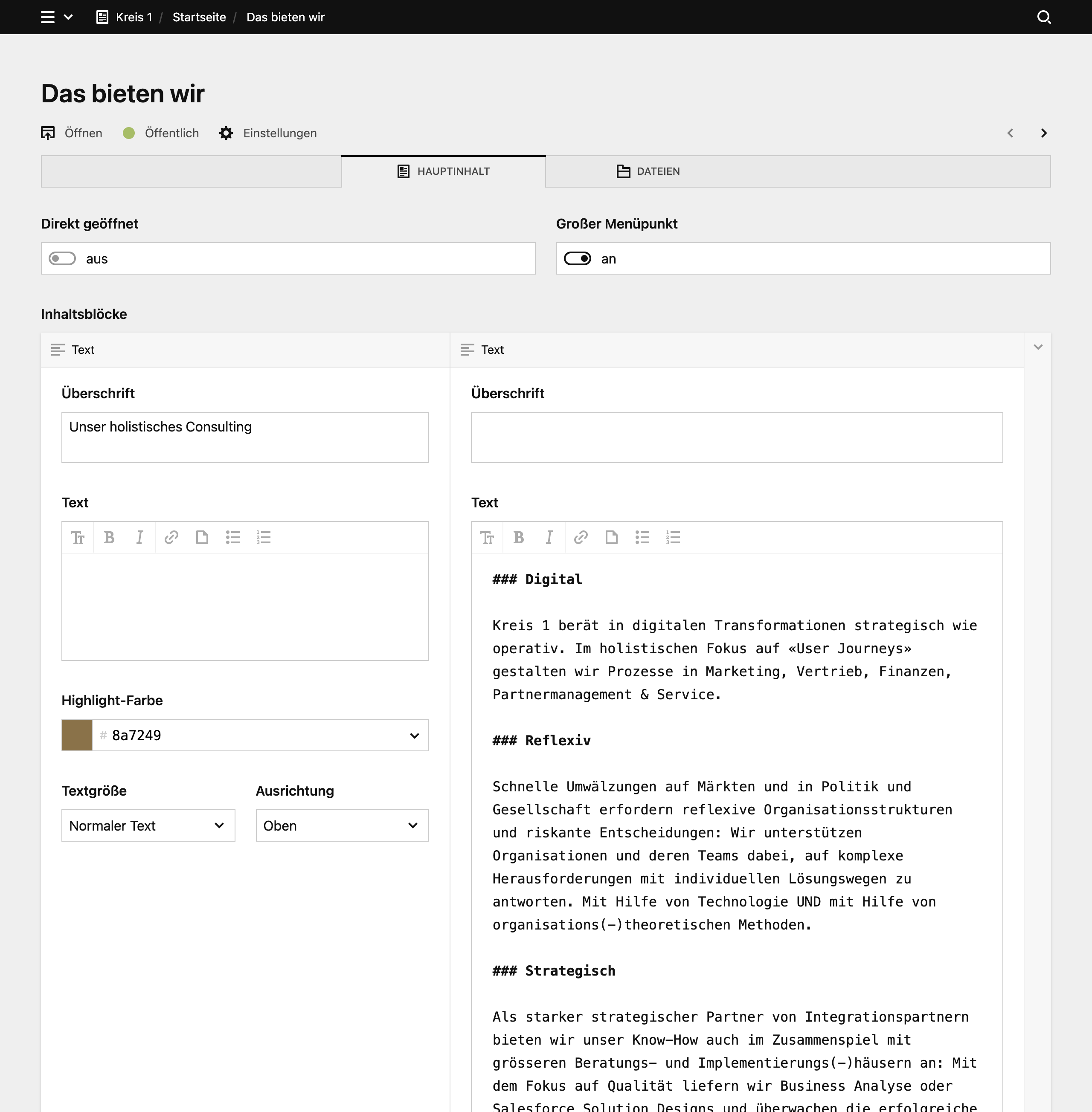 Backend screenshot of kreis1.com