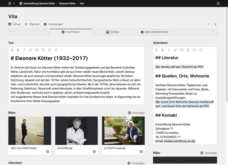 Backend screenshot of kunststiftung-ek.de