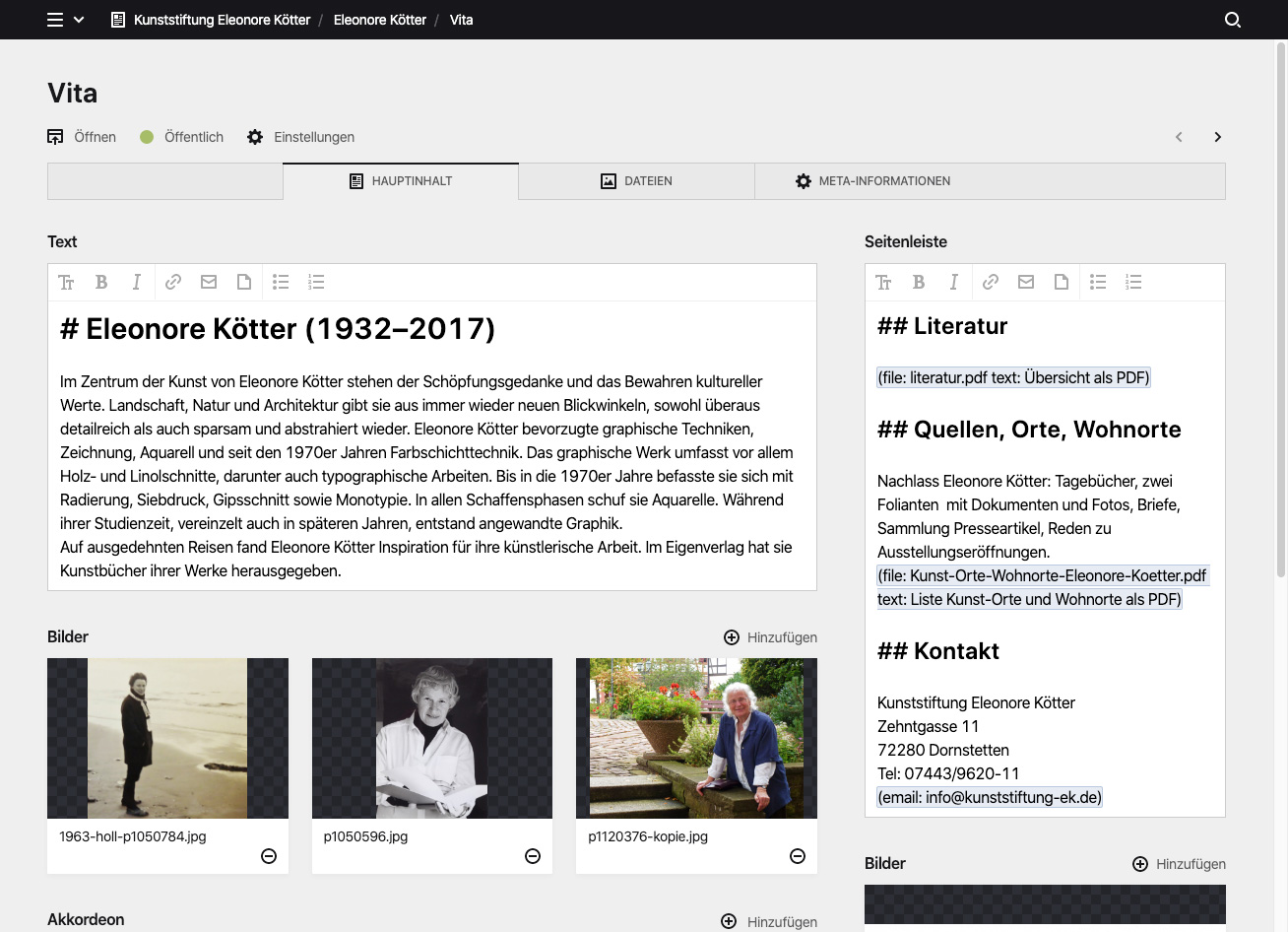 Backend screenshot of kunststiftung-ek.de