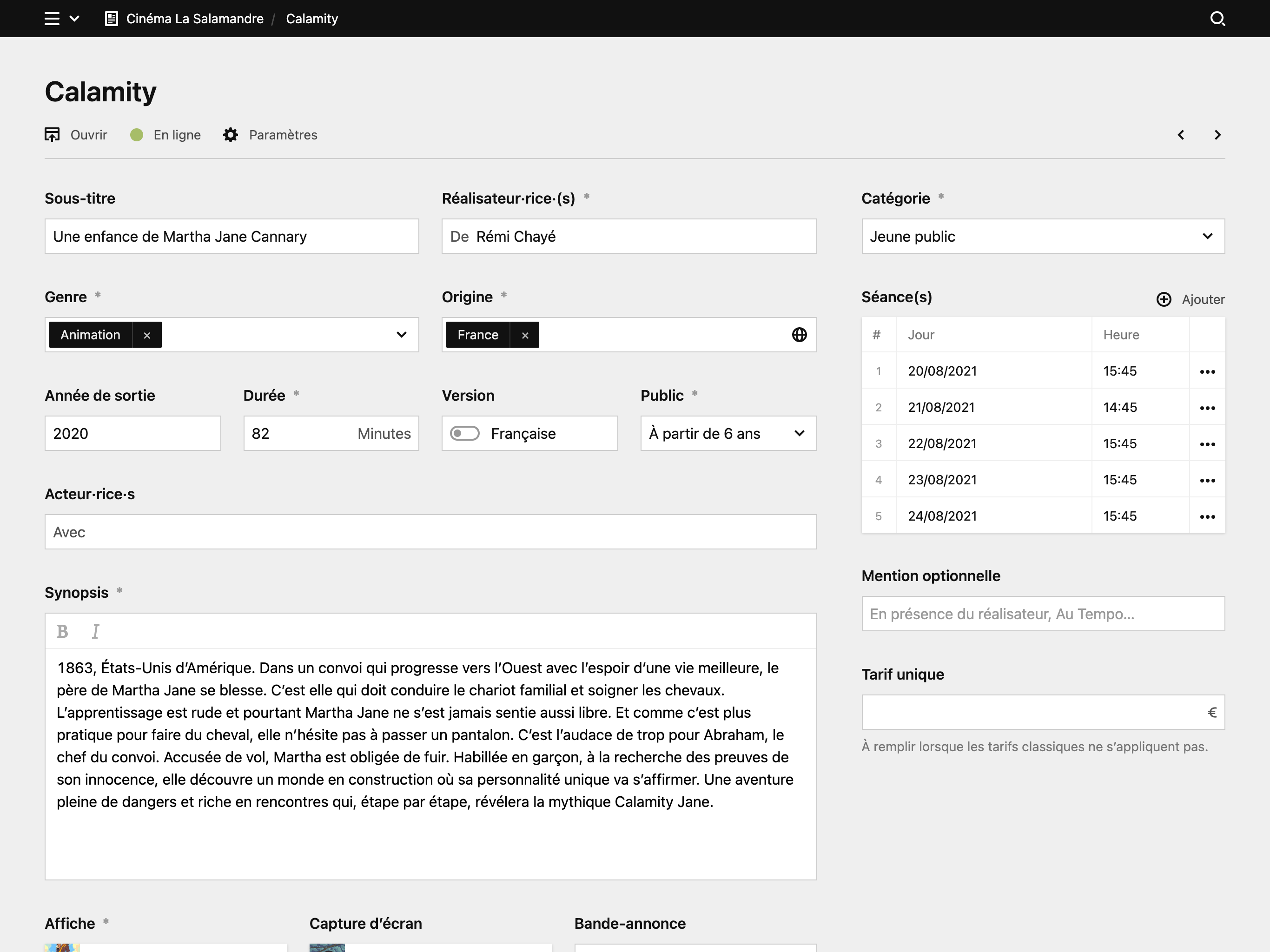 Backend screenshot of cinemalasalamandre.fr