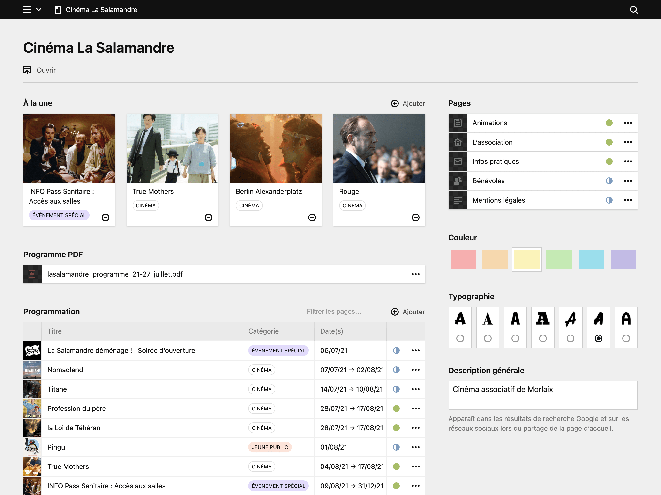 Backend screenshot of cinemalasalamandre.fr