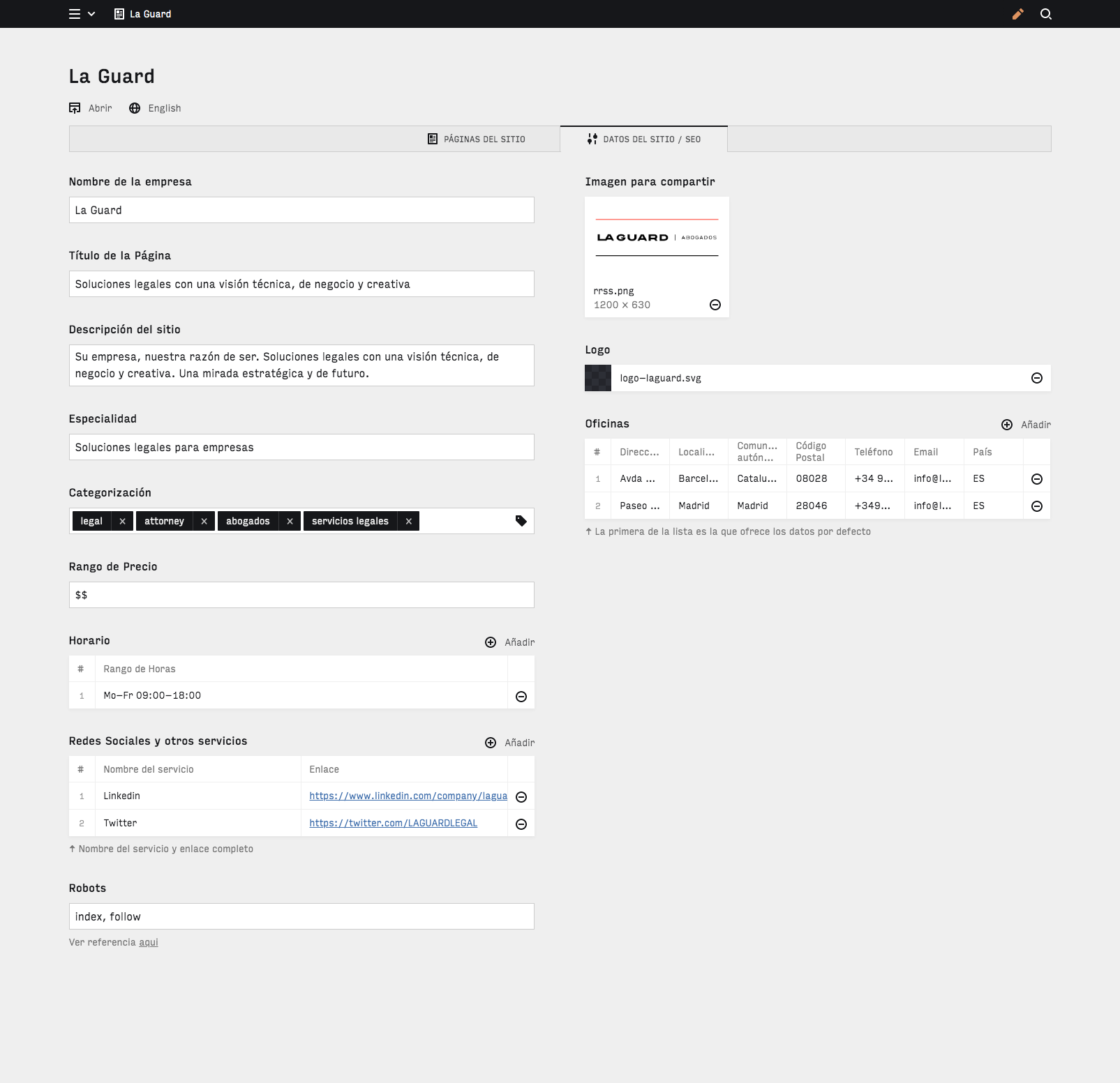 Backend screenshot of laguardlegal.com