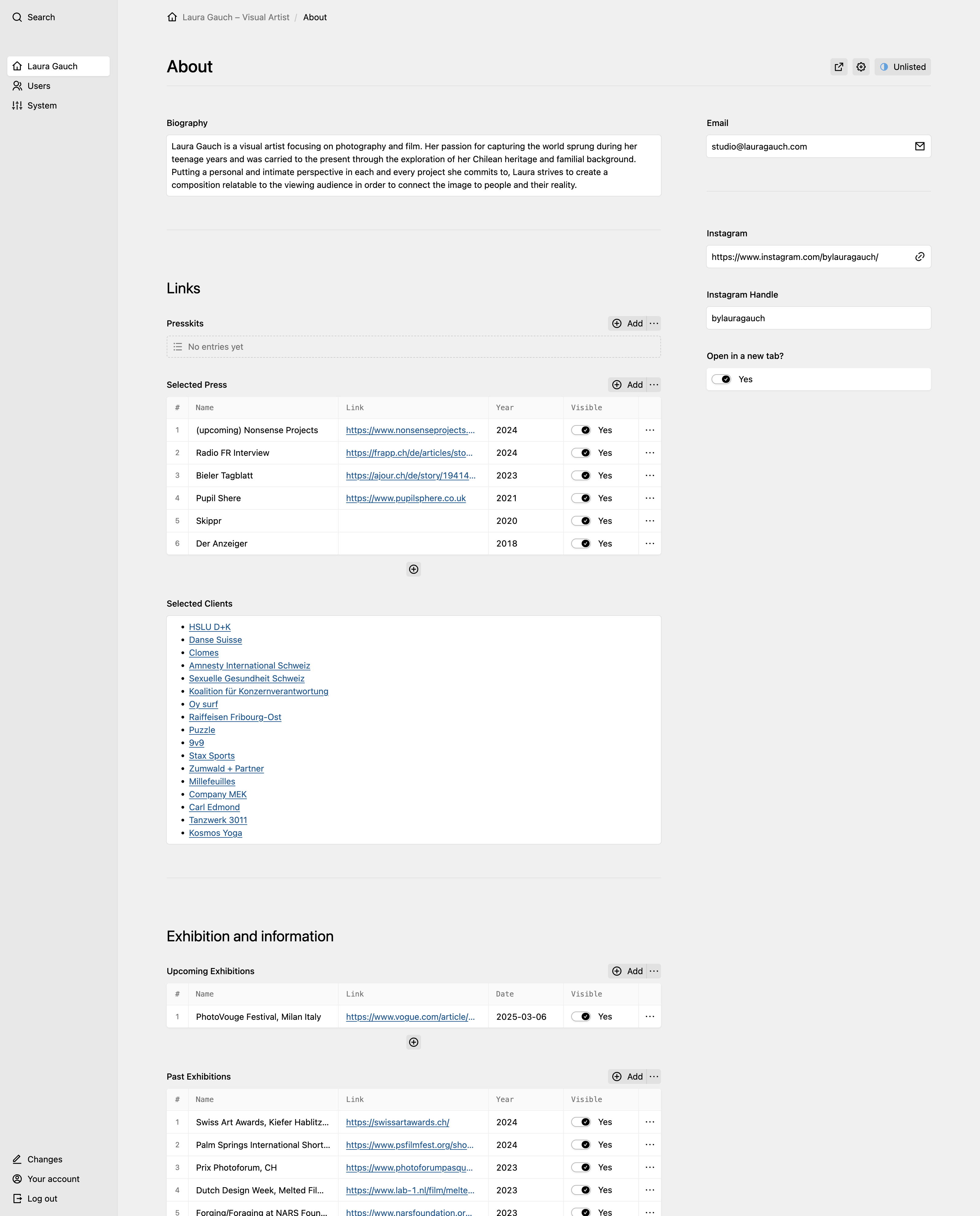 Backend screenshot of lauragauch.com
