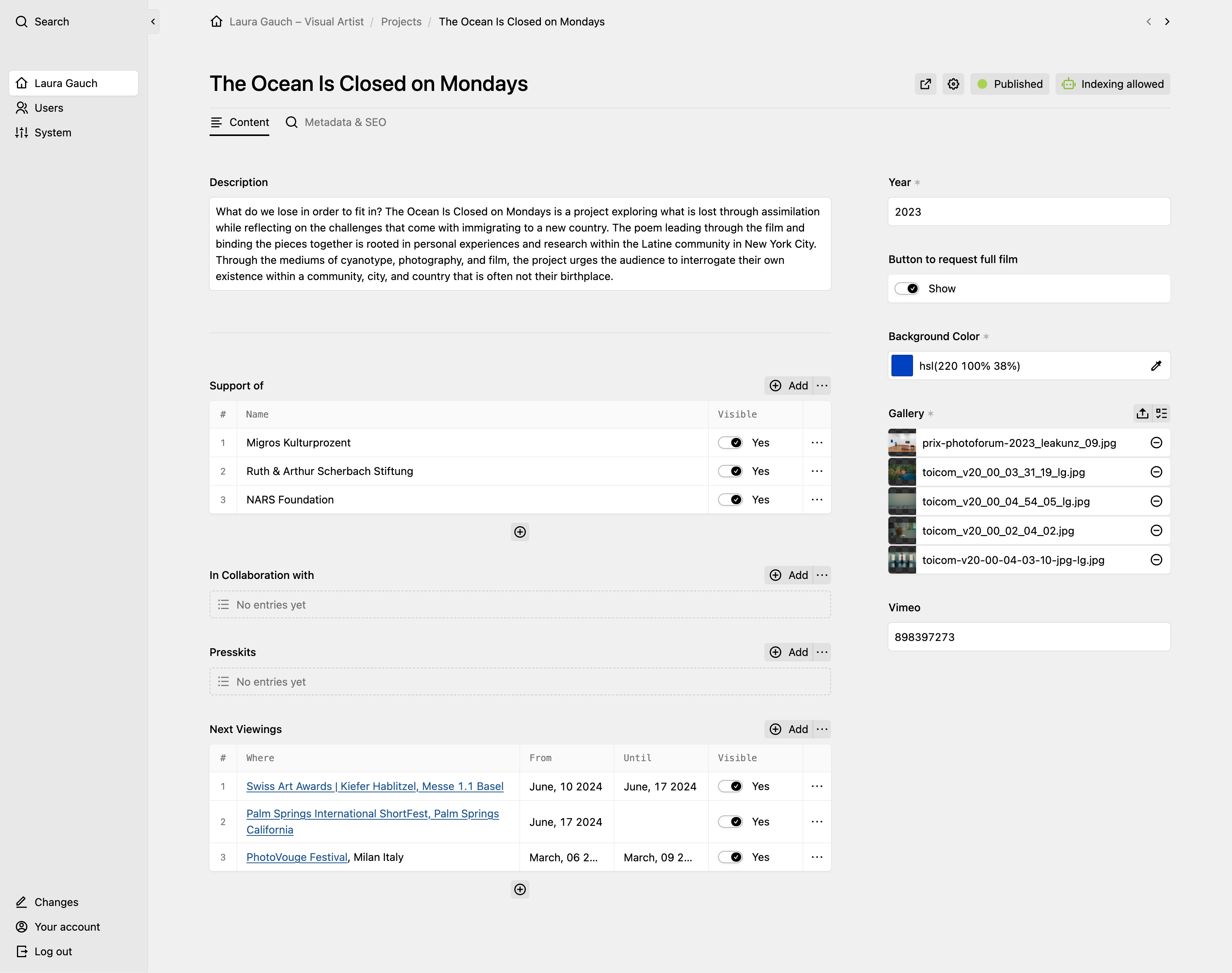 Backend screenshot of lauragauch.com