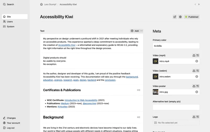 Backend screenshot of larastumpf.de