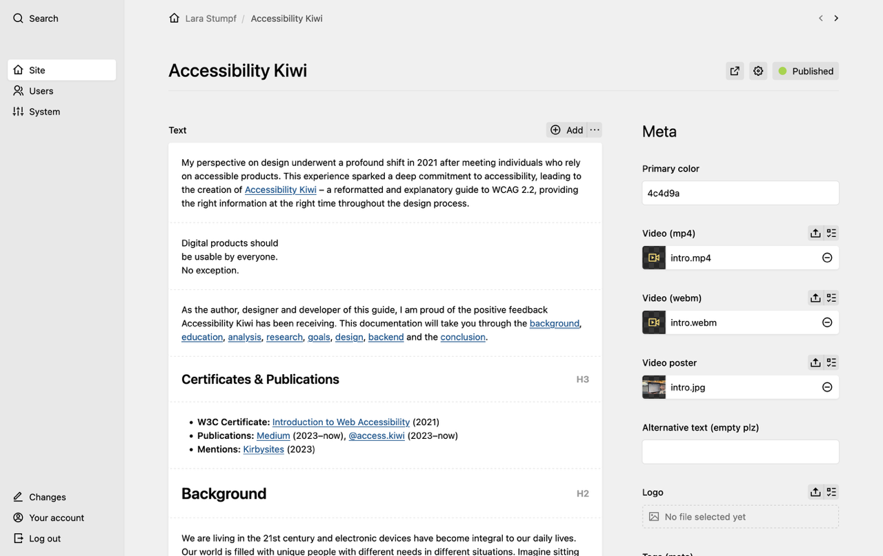 Backend screenshot of larastumpf.de