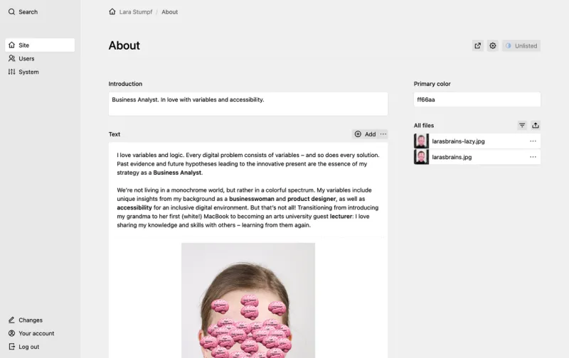 Backend screenshot of larastumpf.de