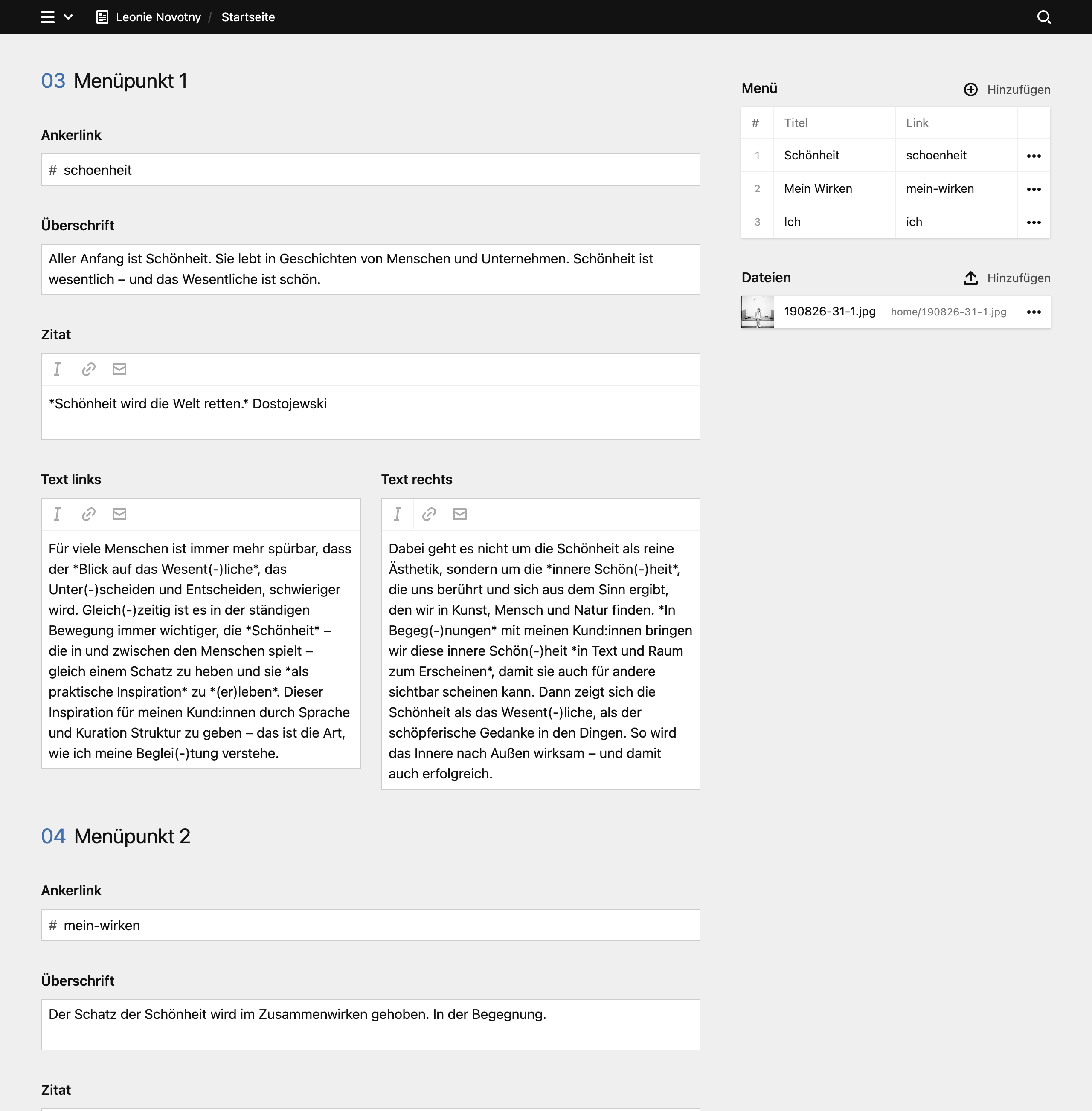 Backend screenshot of leonienovotny.com