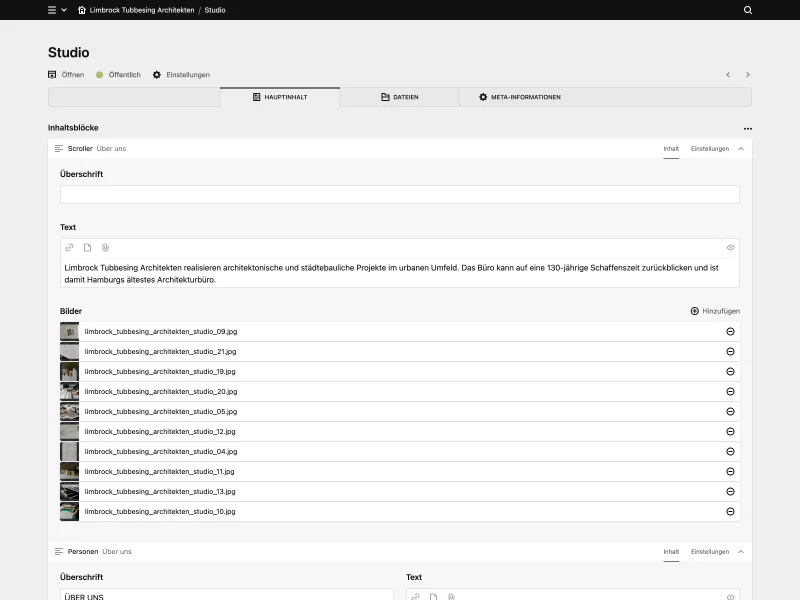 Backend screenshot of limbrocktubbesing.de