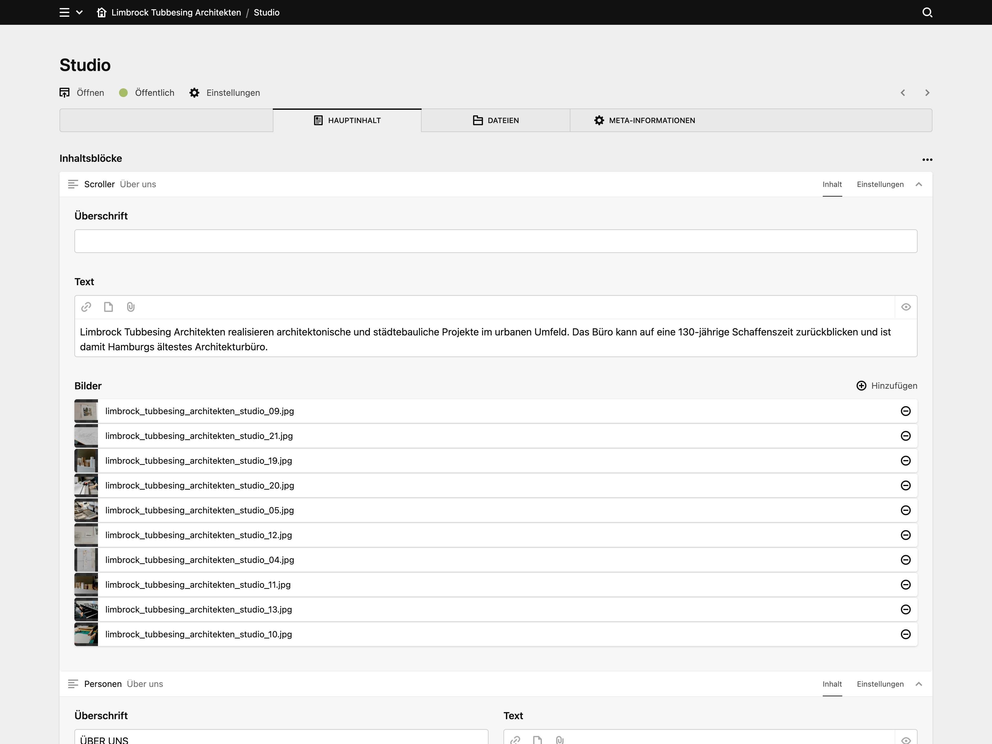 Backend screenshot of limbrocktubbesing.de
