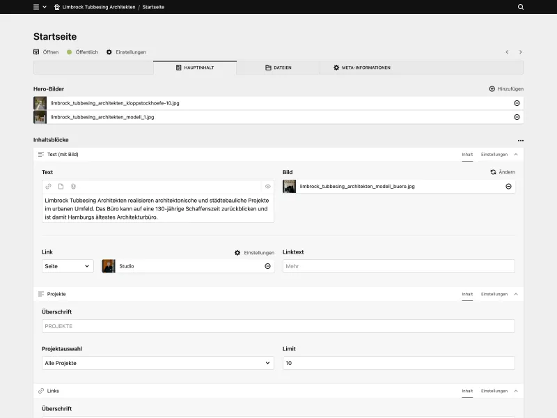 Backend screenshot of limbrocktubbesing.de