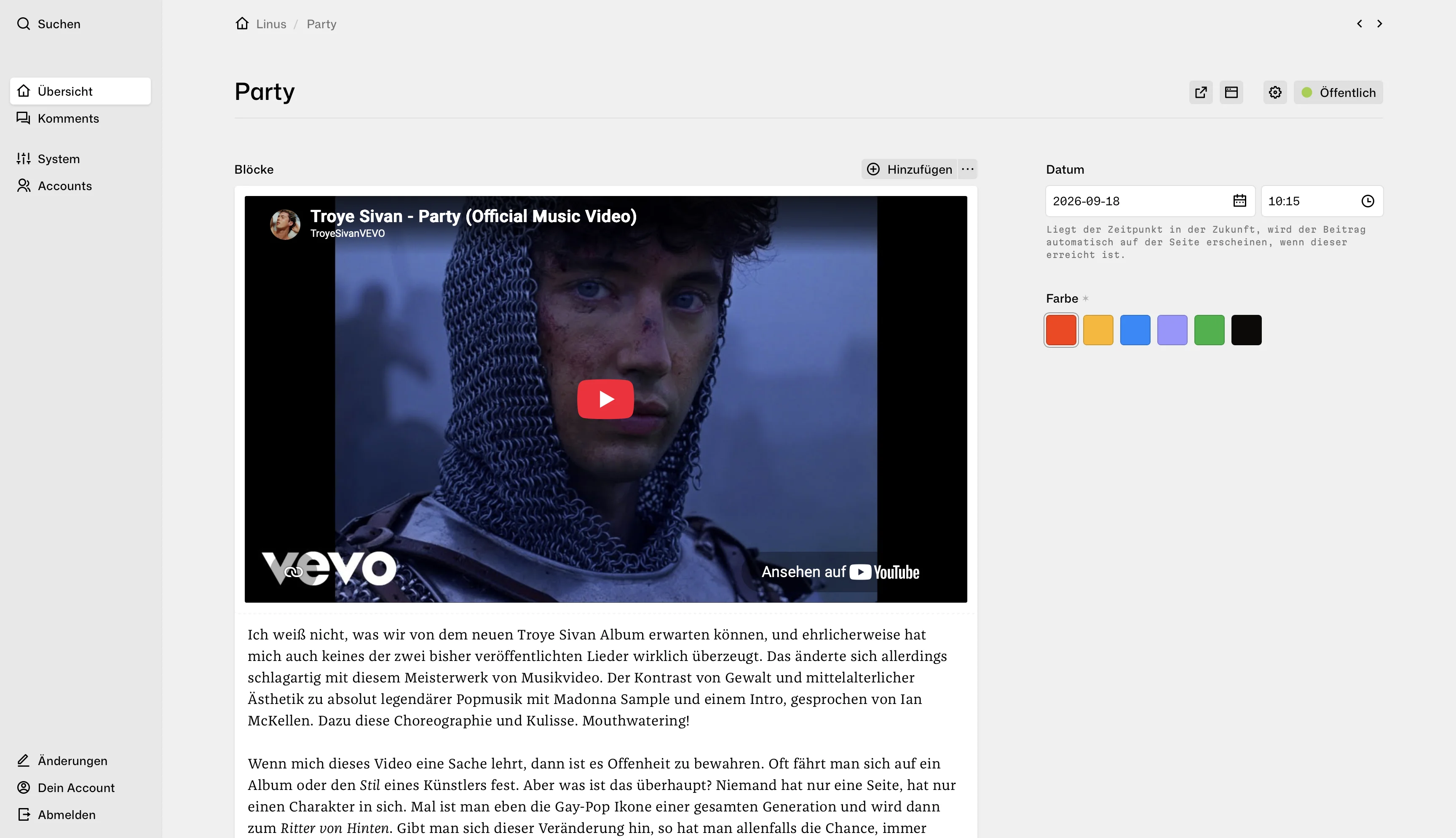 Panel page for "Party" showing a blocks field with a video block and text blocks, and a sidebar with a date field and a color field.