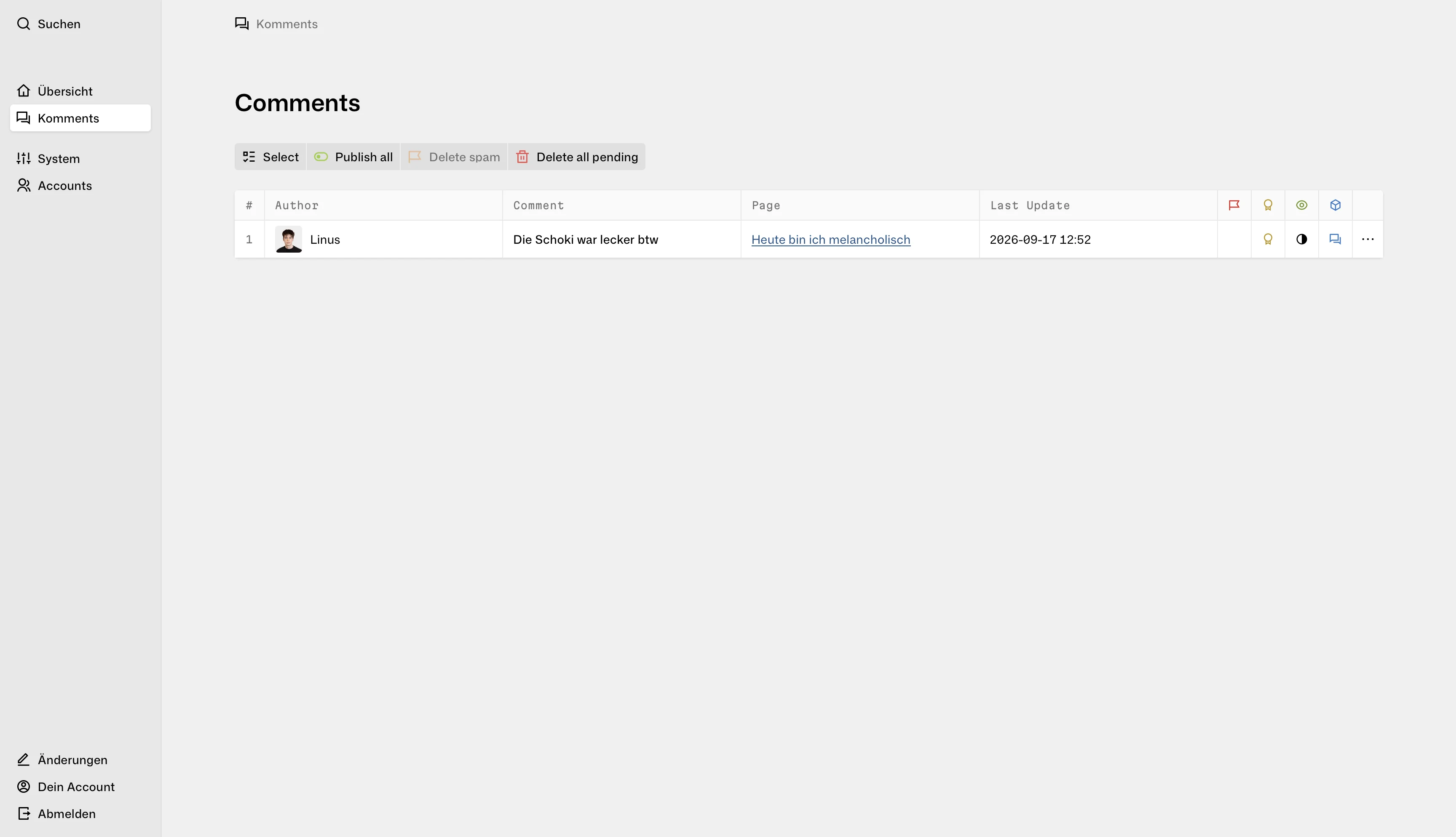 Custom Panel area from the Komments plugin showing comments in table layout with author, comment, page and status columns.