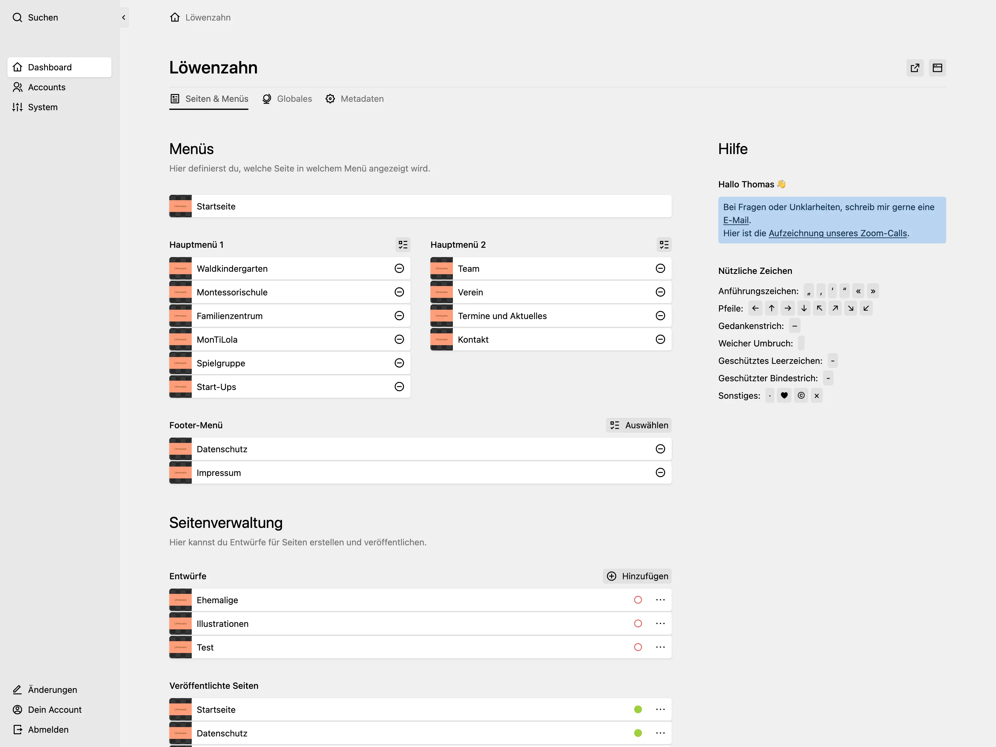 Kirby Panel dashboard with multiple pages fields and sections for creating and managing pages.