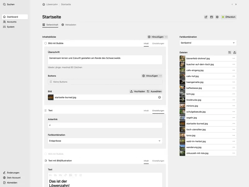 Panel page for "Startseite"/"Home" showing a blocks field and a sidebar with a select field for the colour combination and a files section with multiple images.