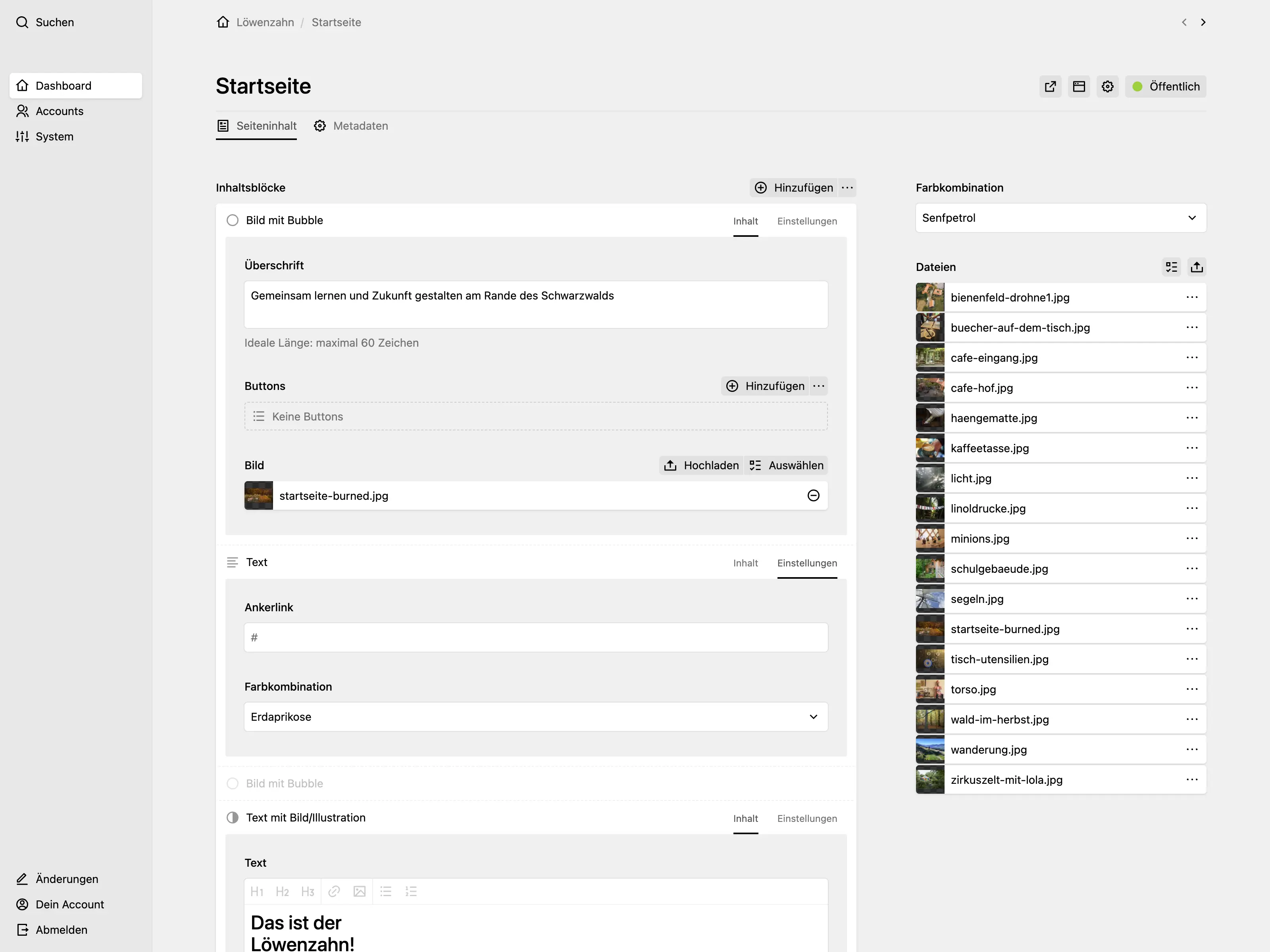 Panel page for "Startseite"/"Home" showing a blocks field and a sidebar with a select field for the colour combination and a files section with multiple images.