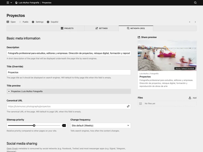 Backend screenshot of luismunoz.photography